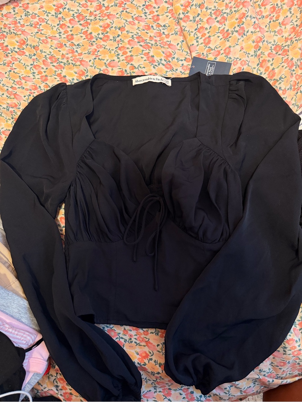 Abercrombie & Fitch Black Puff-Sleeve Tie-Front Blouse